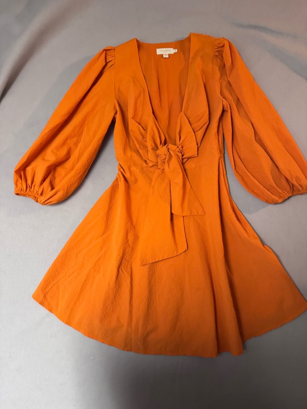 Ted Baker Orange Bow Front Mini Dress with Puff Sleeves - Picture 2 of 11